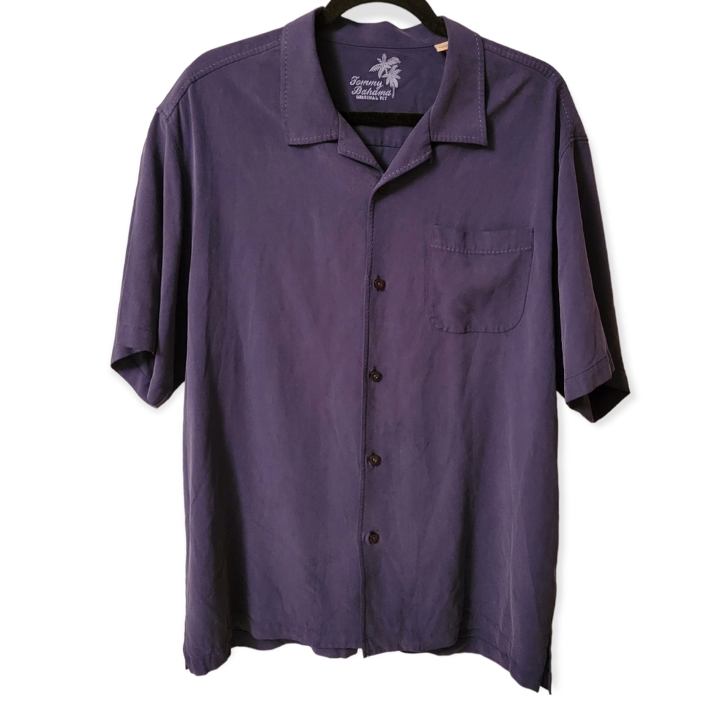 Tommy Bahama 100% Silk Button Up Short Sleeve Shirt Solid Navy SZ Large